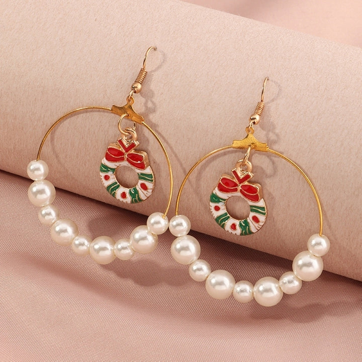 Women Christmas Tree Elk Eardrop Faux Pearl Geometric Hoop Earrings Xmas Gift Image 8