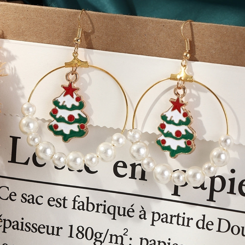 Women Christmas Tree Elk Eardrop Faux Pearl Geometric Hoop Earrings Xmas Gift Image 9