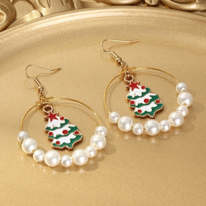 Women Christmas Tree Elk Eardrop Faux Pearl Geometric Hoop Earrings Xmas Gift Image 10