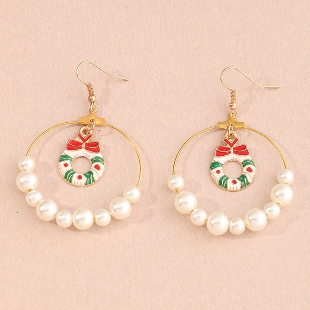 Women Christmas Tree Elk Eardrop Faux Pearl Geometric Hoop Earrings Xmas Gift Image 11