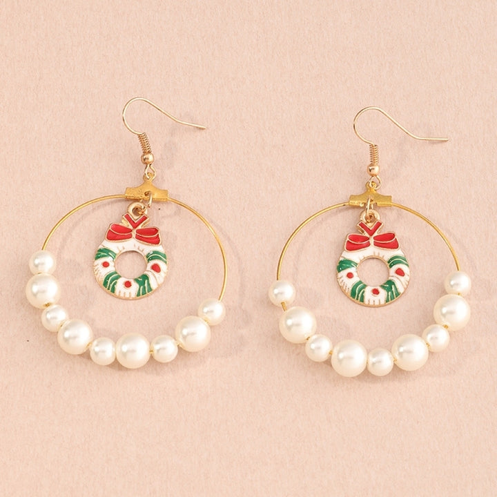 Women Christmas Tree Elk Eardrop Faux Pearl Geometric Hoop Earrings Xmas Gift Image 11