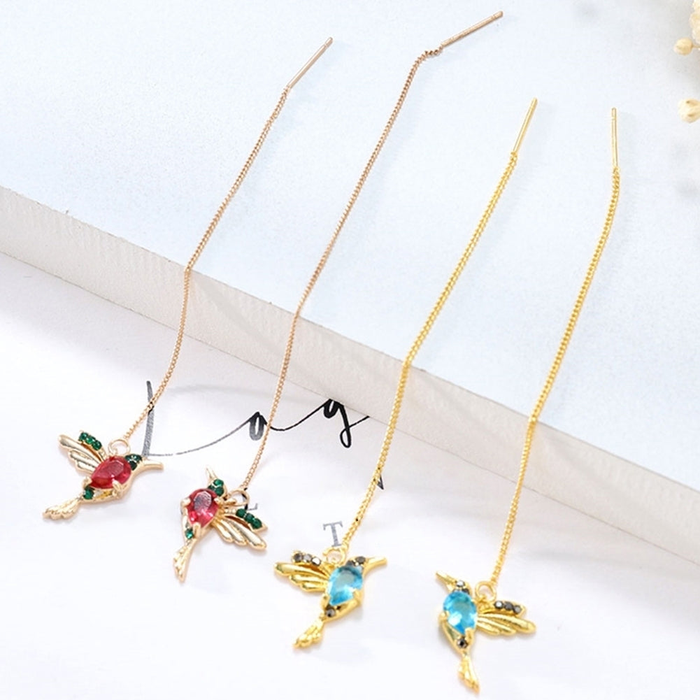 Women Hummingbird Design Rhinestone Decor Ear Stud Long Tassel Dangle Earrings Image 1