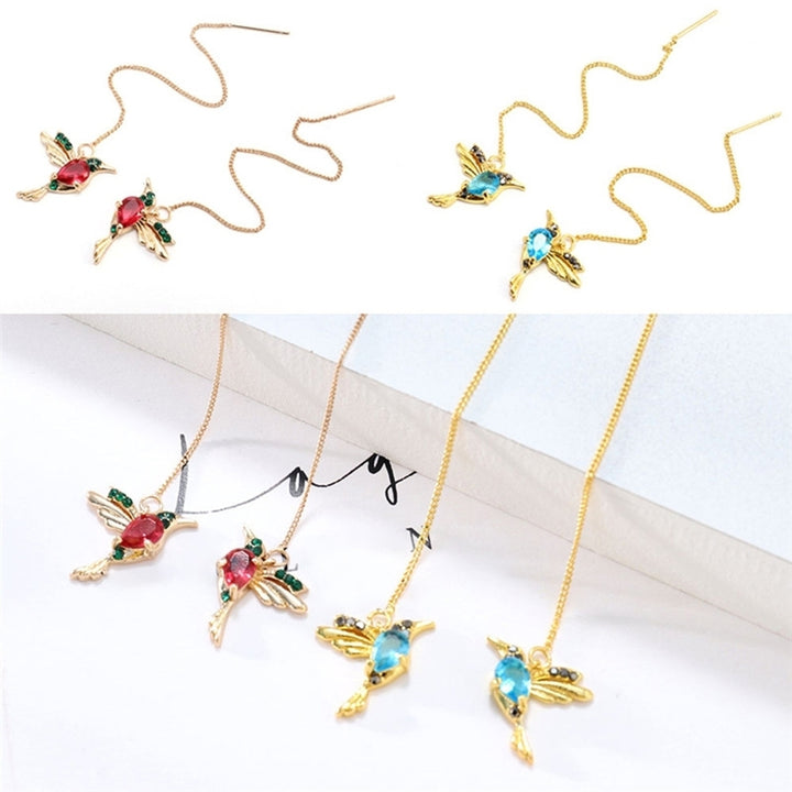 Women Hummingbird Design Rhinestone Decor Ear Stud Long Tassel Dangle Earrings Image 2