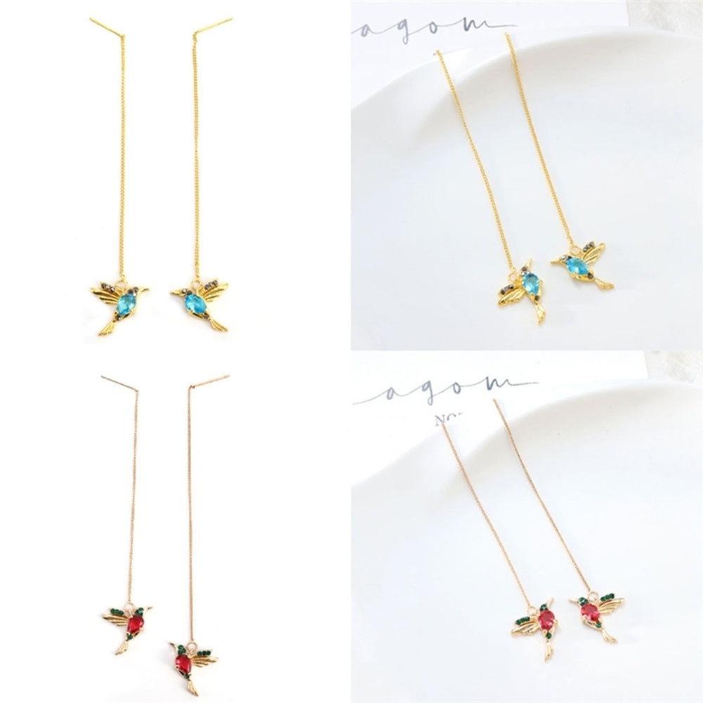 Women Hummingbird Design Rhinestone Decor Ear Stud Long Tassel Dangle Earrings Image 3