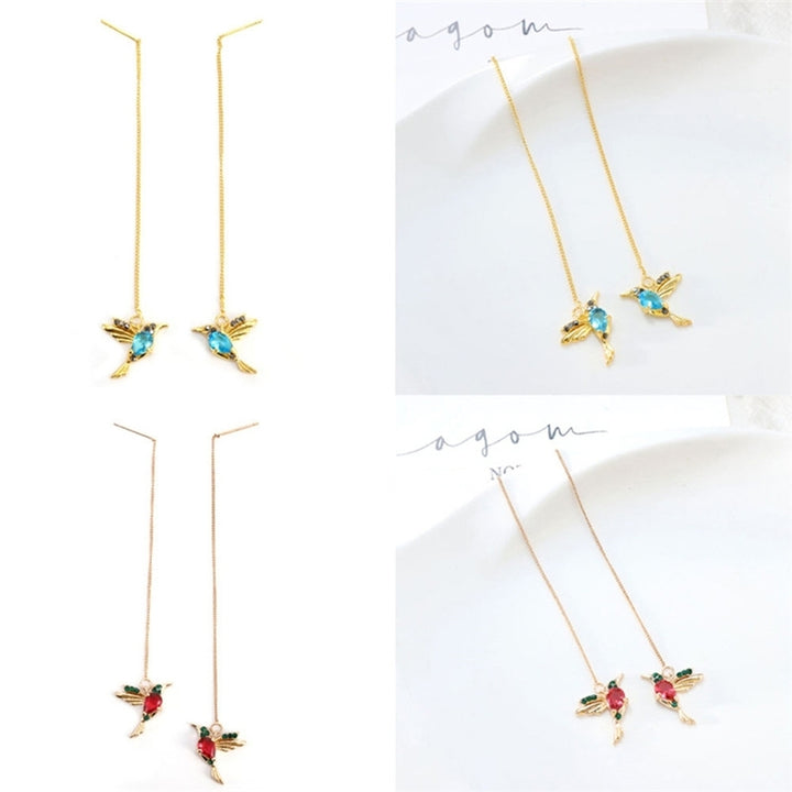 Women Hummingbird Design Rhinestone Decor Ear Stud Long Tassel Dangle Earrings Image 3