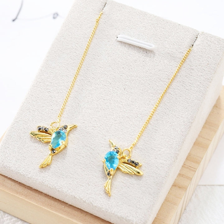 Women Hummingbird Design Rhinestone Decor Ear Stud Long Tassel Dangle Earrings Image 4