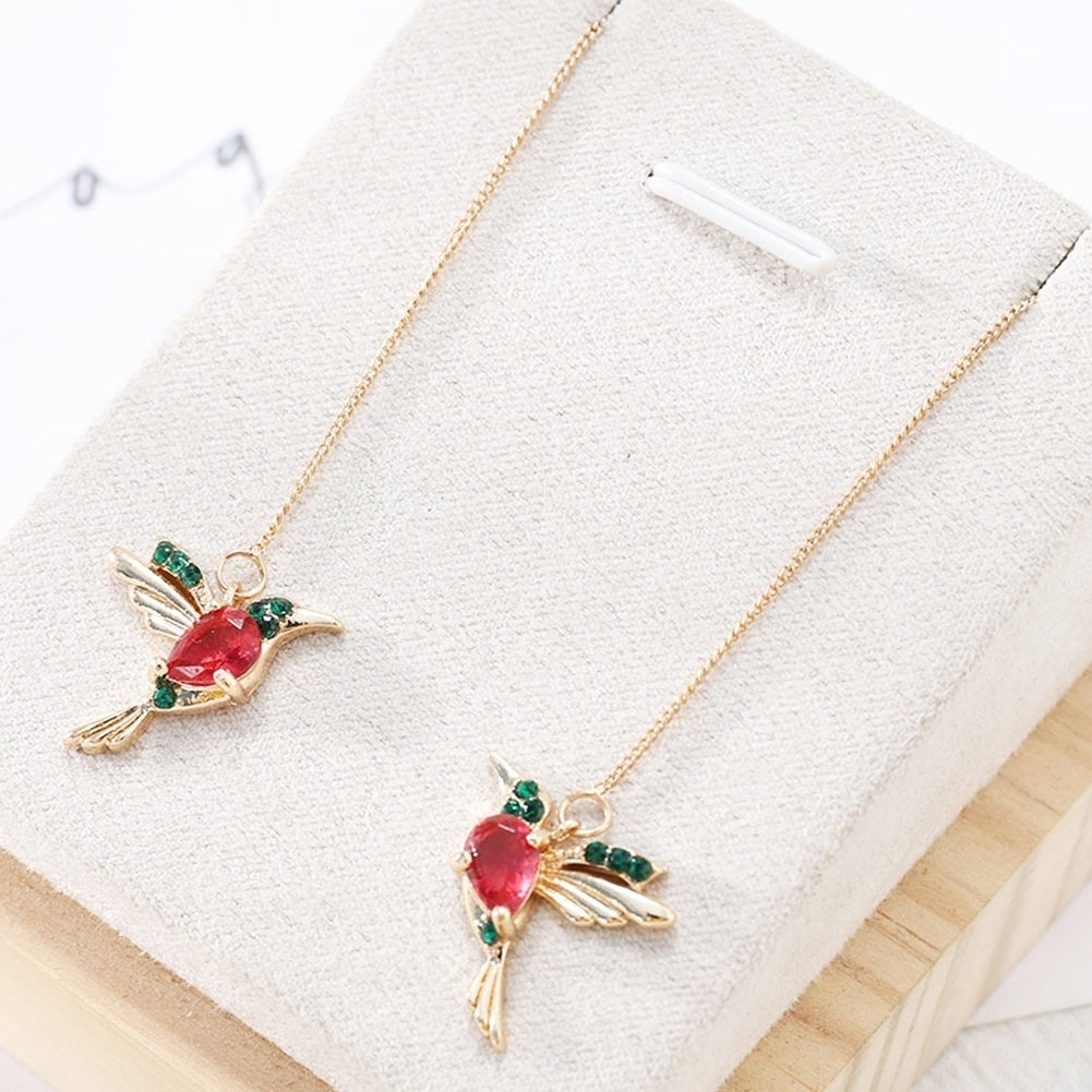 Women Hummingbird Design Rhinestone Decor Ear Stud Long Tassel Dangle Earrings Image 4