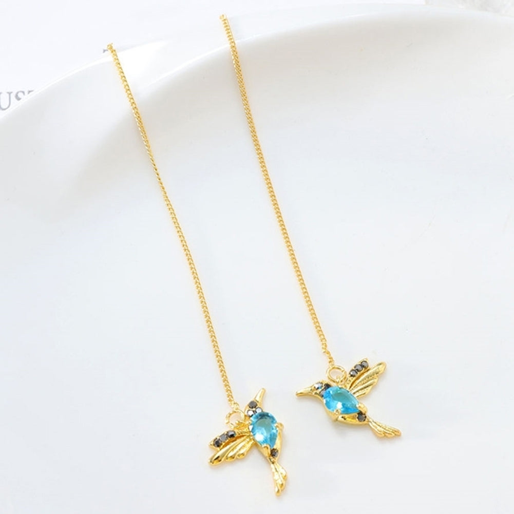 Women Hummingbird Design Rhinestone Decor Ear Stud Long Tassel Dangle Earrings Image 6