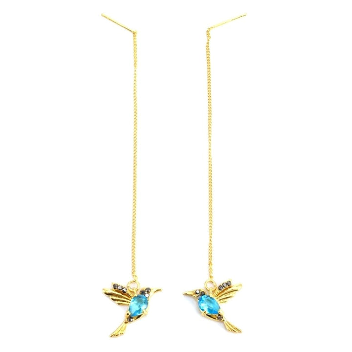 Women Hummingbird Design Rhinestone Decor Ear Stud Long Tassel Dangle Earrings Image 11