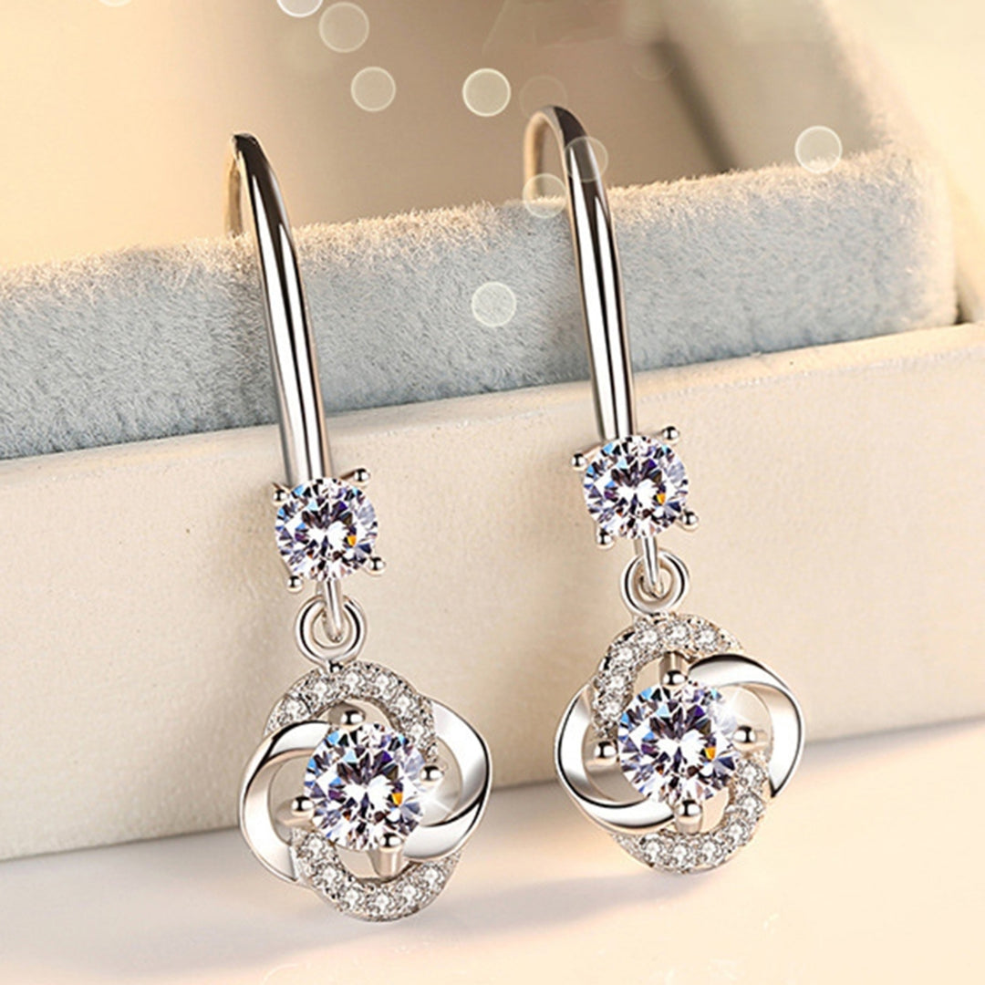 Women Rhinestone Cubic Zirconia Tassel Four-leaf Clover Hook Earrings Jewelry Image 1