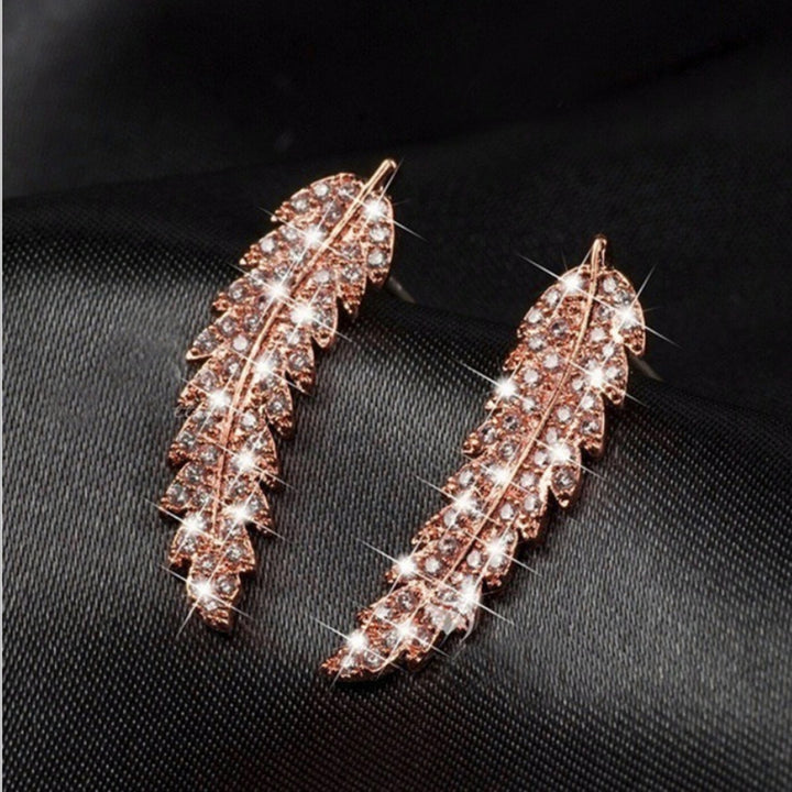 Women Fashion Leaf Rhinestone Inlaid Ear Stud Earrings Romantic Jewelry Gift Image 4