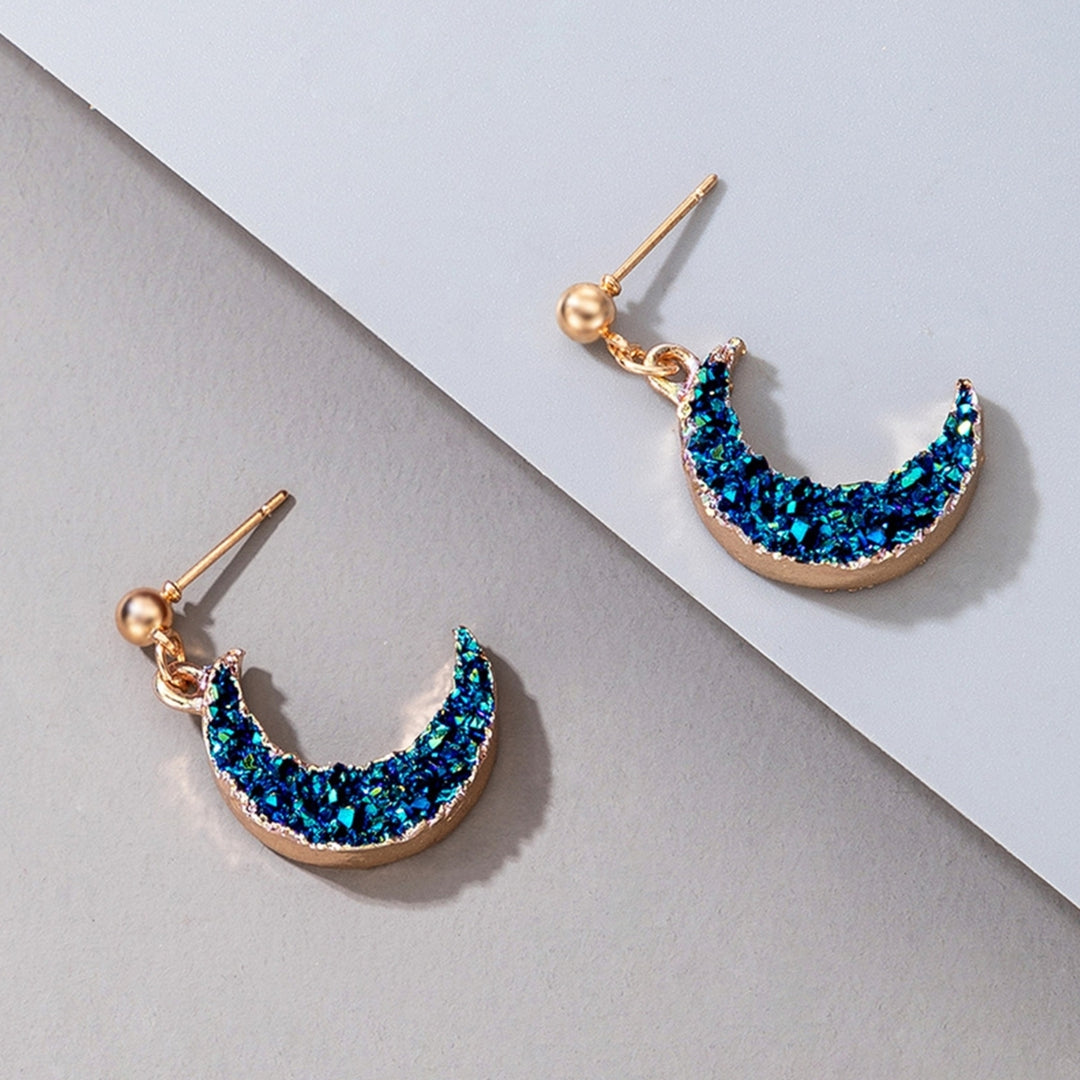 Women Simple Blue Small Moon Imitation Natural Stone Pendant Ear Stud Earring Image 2