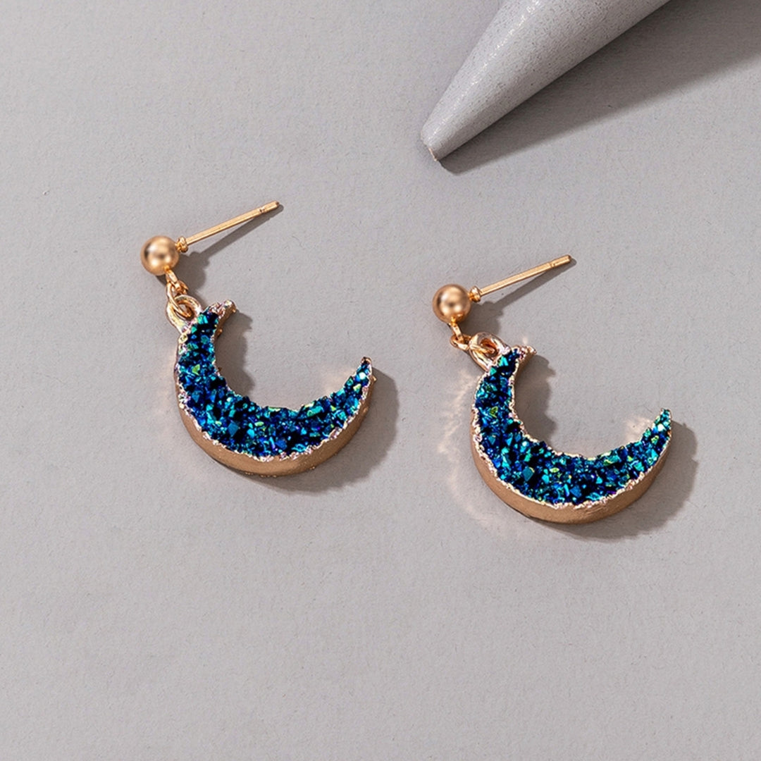 Women Simple Blue Small Moon Imitation Natural Stone Pendant Ear Stud Earring Image 3