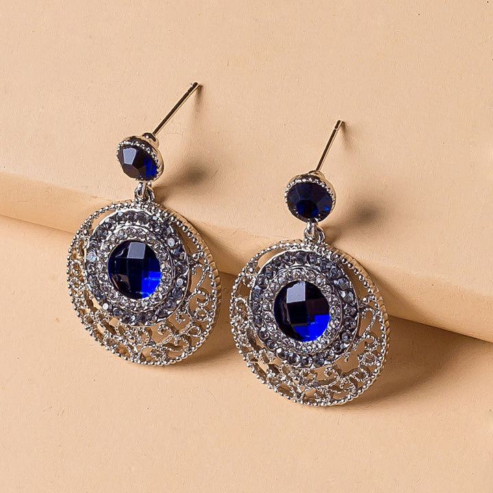 Women Simple Blue Rhinestone Hollow Round Ear Stud Earrings Jewelry Accessory Image 1