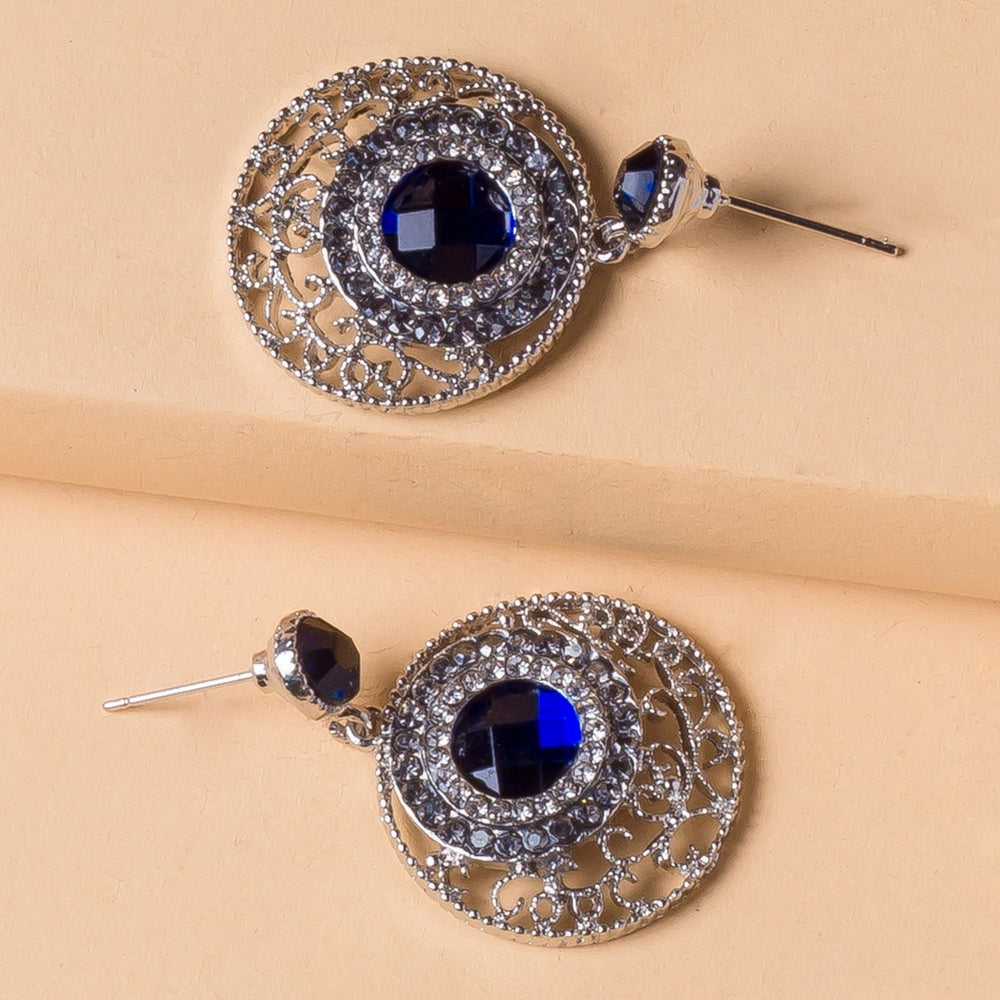 Women Simple Blue Rhinestone Hollow Round Ear Stud Earrings Jewelry Accessory Image 2