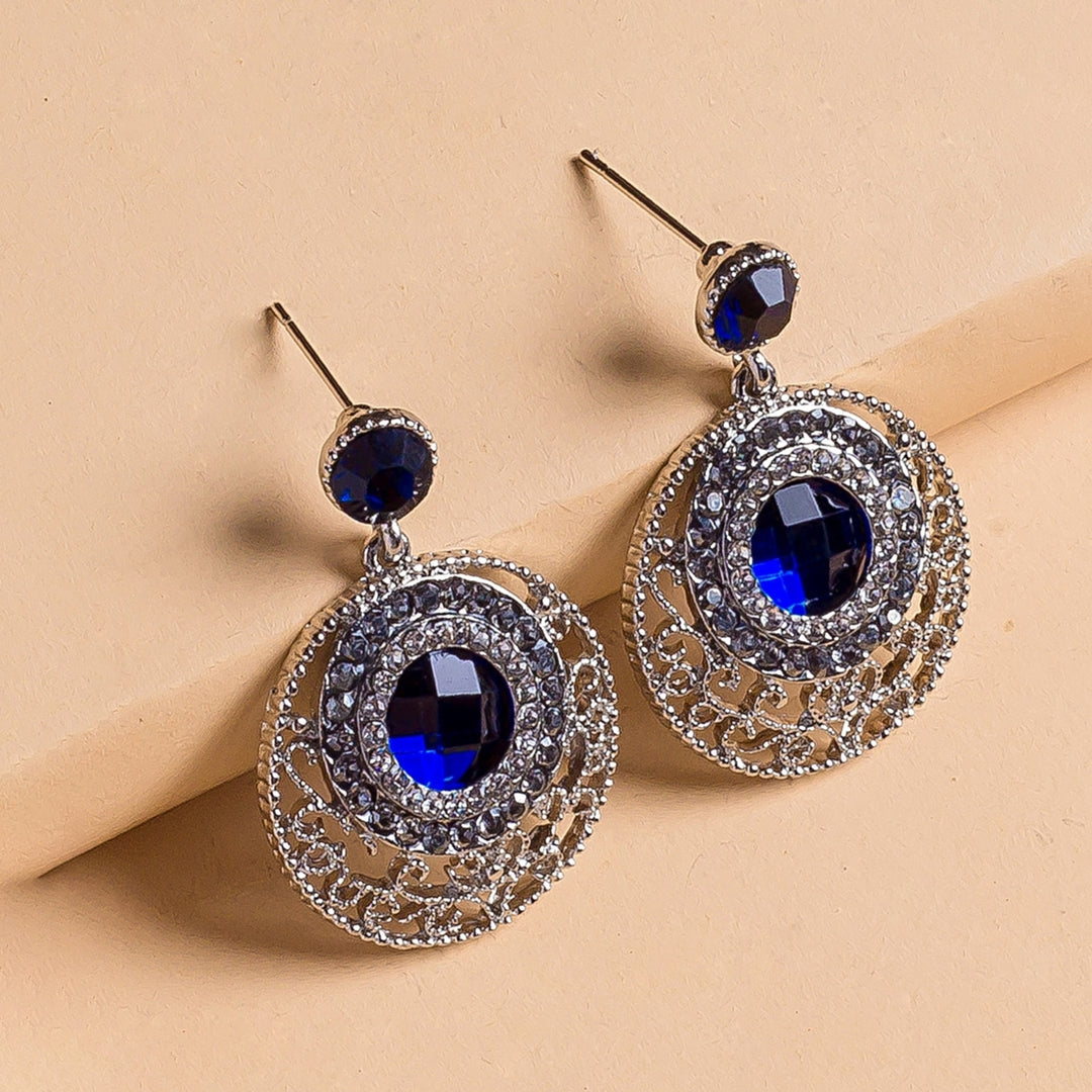 Women Simple Blue Rhinestone Hollow Round Ear Stud Earrings Jewelry Accessory Image 3