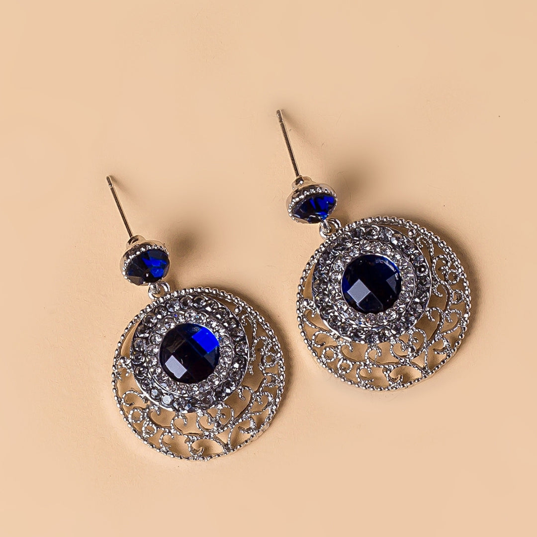 Women Simple Blue Rhinestone Hollow Round Ear Stud Earrings Jewelry Accessory Image 4