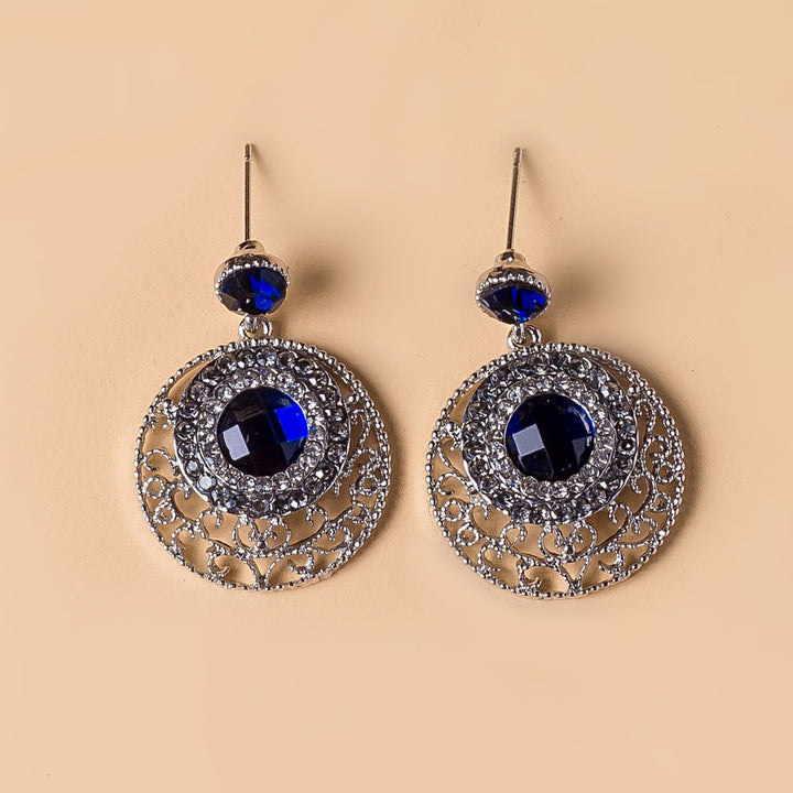 Women Simple Blue Rhinestone Hollow Round Ear Stud Earrings Jewelry Accessory Image 4