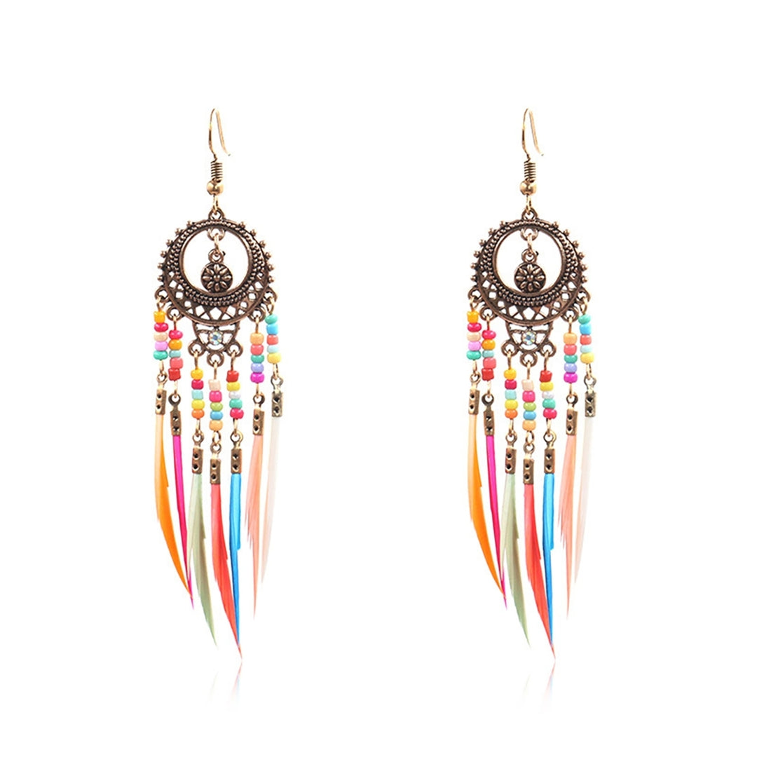 Earrings Retro Romantic Resin Beads Bohemian Feather Tassel Fringe Earrings for Women Image 2