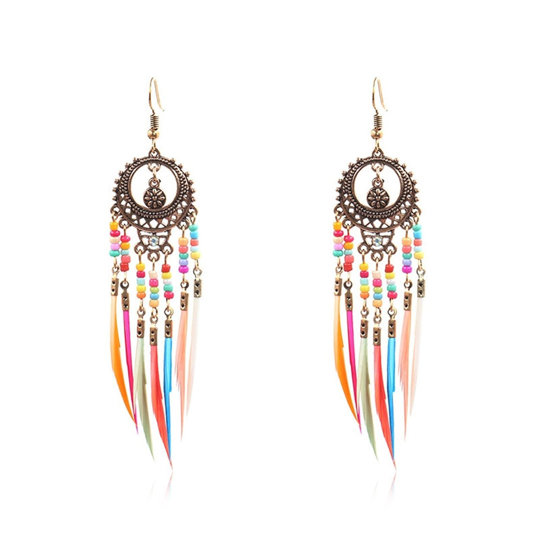 Earrings Retro Romantic Resin Beads Bohemian Feather Tassel Fringe Earrings for Women Image 1