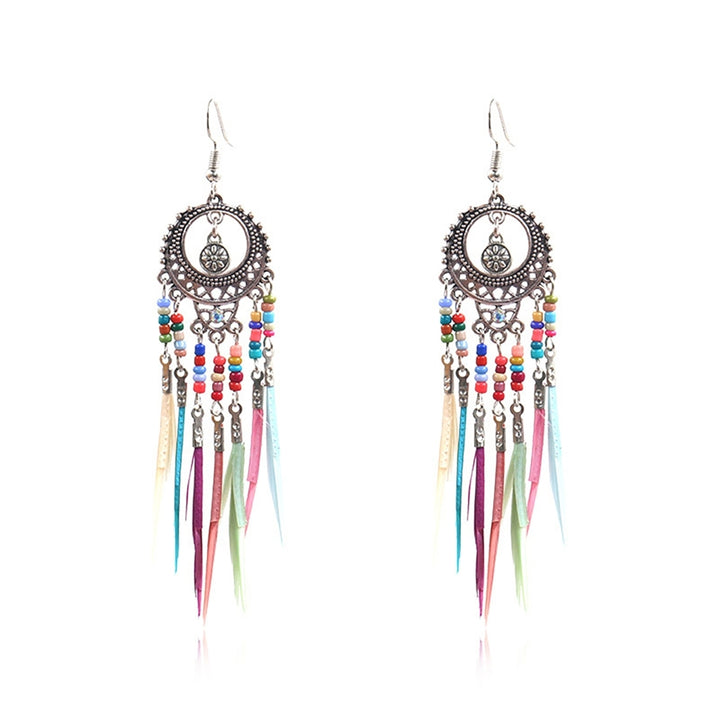 Earrings Retro Romantic Resin Beads Bohemian Feather Tassel Fringe Earrings for Women Image 4