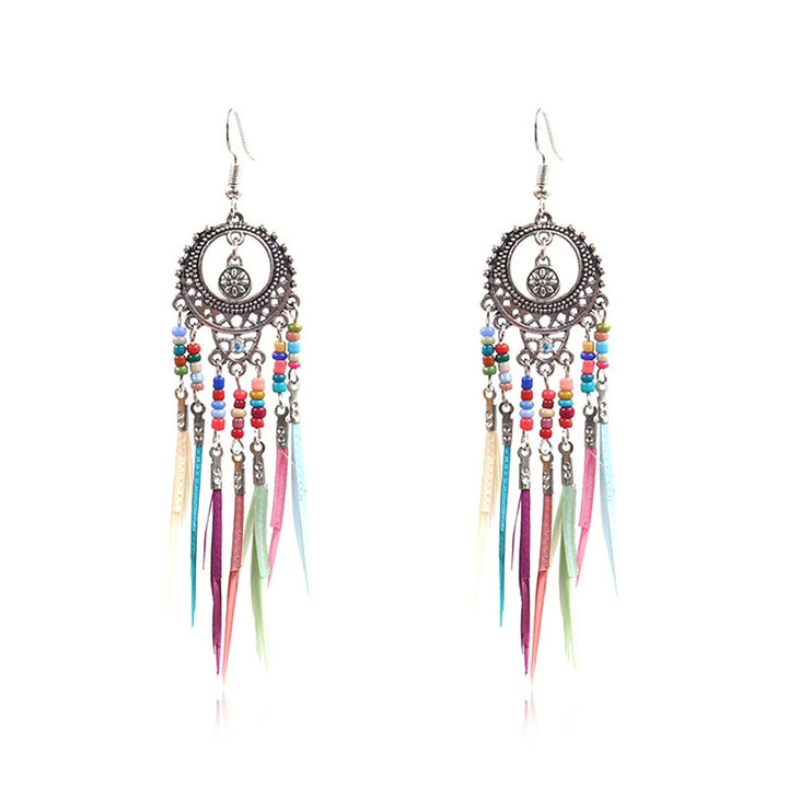 Earrings Retro Romantic Resin Beads Bohemian Feather Tassel Fringe Earrings for Women Image 1