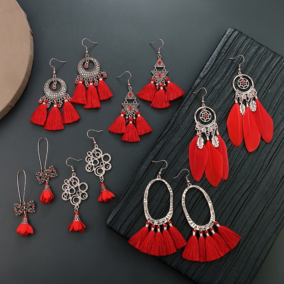 1Pair Dangle Earrings Tassel Design Jewelry Gift Red Women Wedding Drop Earrings for Festival Image 1