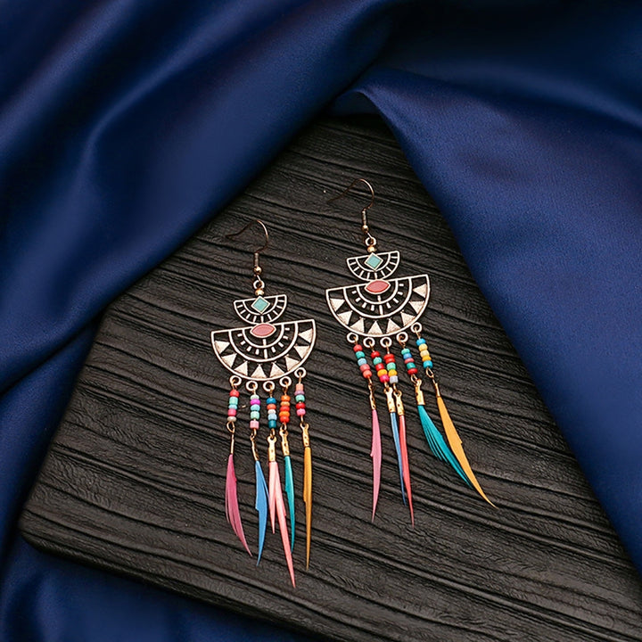 Earrings Retro Romantic Resin Beads Bohemian Feather Tassel Fringe Earrings for Women Image 8