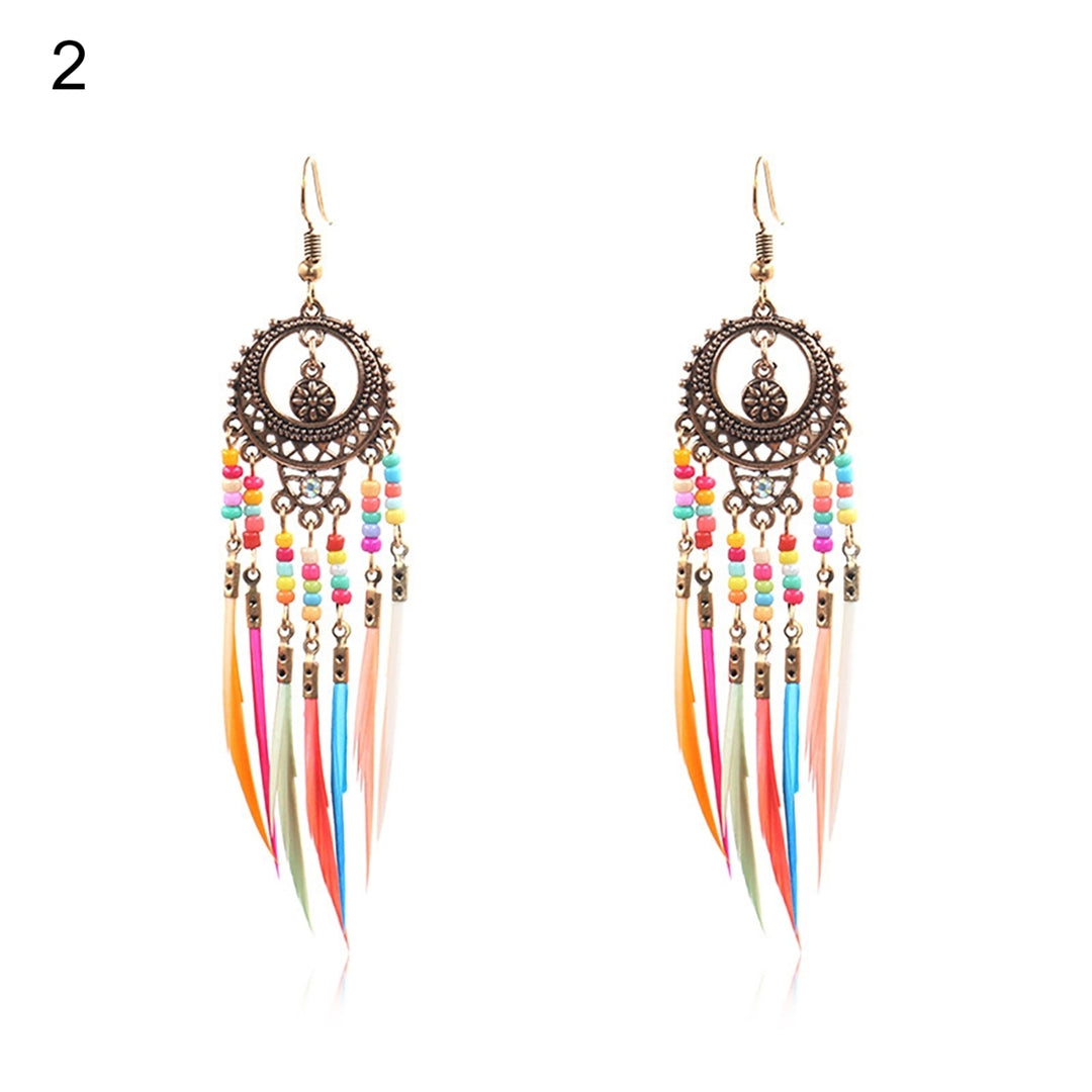 Earrings Retro Romantic Resin Beads Bohemian Feather Tassel Fringe Earrings for Women Image 12