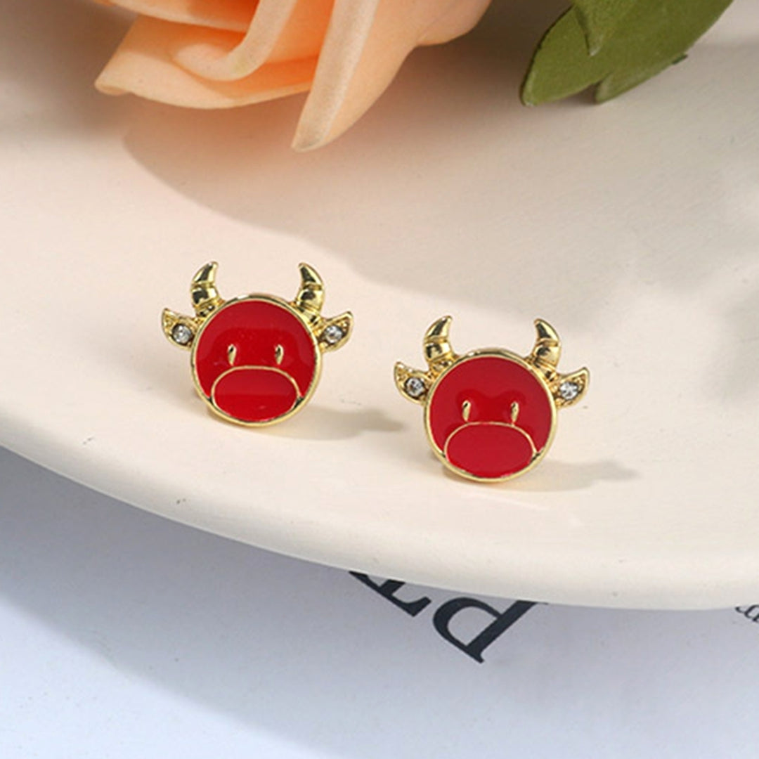 Cute Bull Earrings Creative Rhinestone Animal Ear Studs Pendent Jewelry Gift Image 1