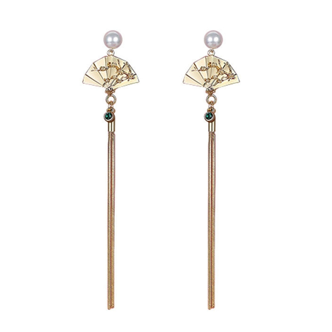 1Pair Earrings Chinese Style Elegant Fan Shape Long Tassel Stud Earrings for Wedding Image 2