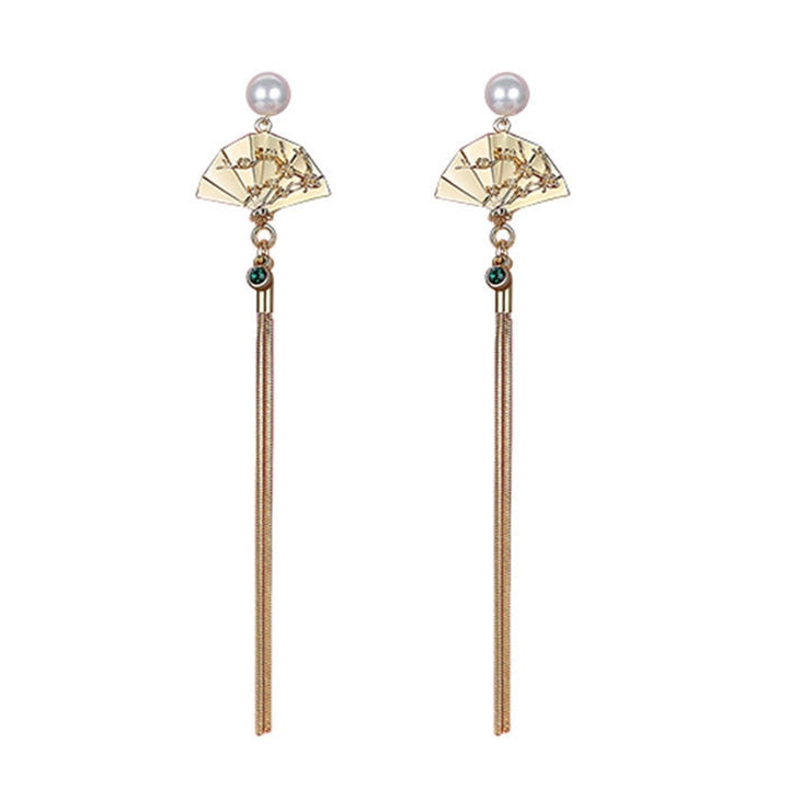 1Pair Earrings Chinese Style Elegant Fan Shape Long Tassel Stud Earrings for Wedding Image 2