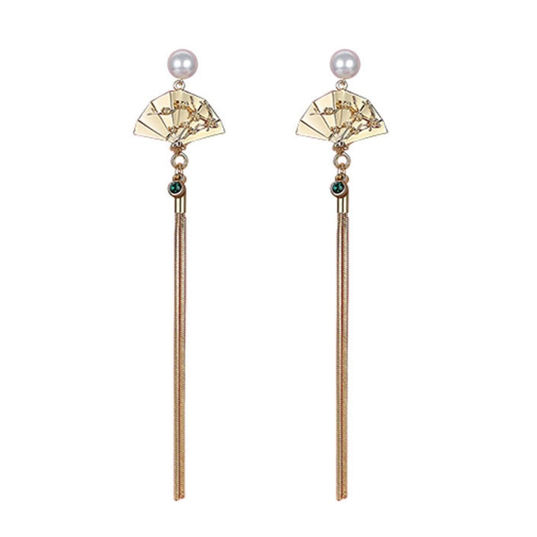 1Pair Earrings Chinese Style Elegant Fan Shape Long Tassel Stud Earrings for Wedding Image 1