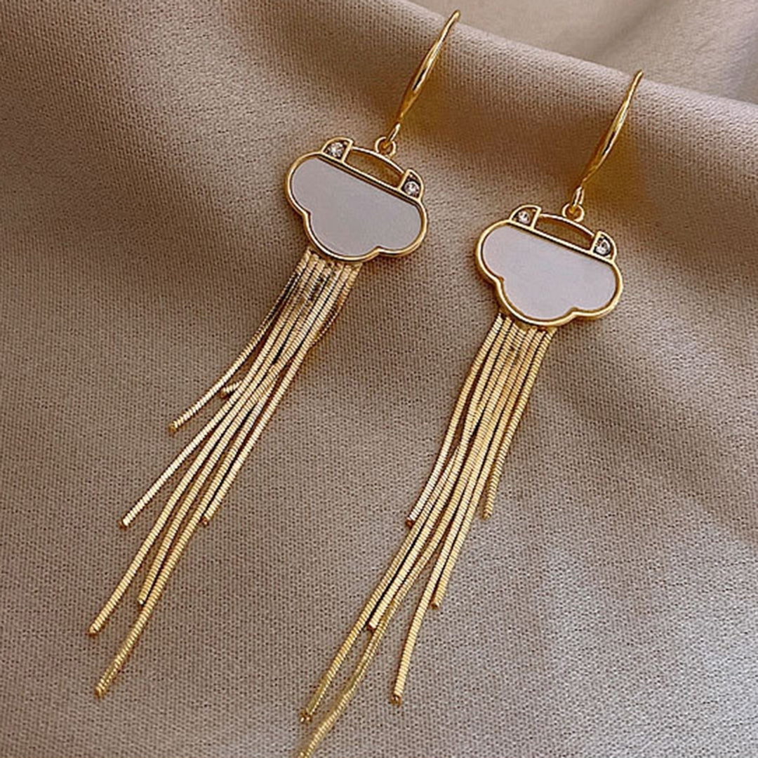 1Pair Earrings Chinese Style Elegant Fan Shape Long Tassel Stud Earrings for Wedding Image 10