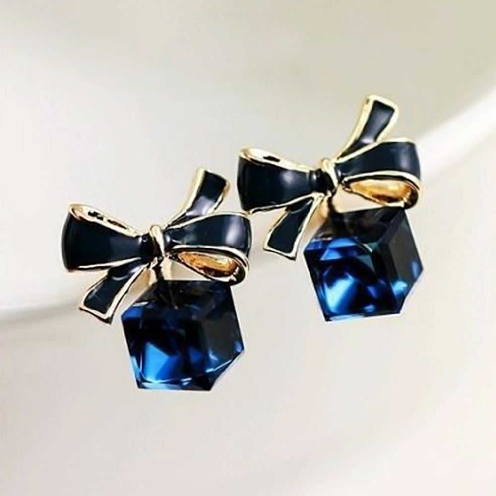 1 Pair Fashion Faux Crystal Bowknot Cube Ear Stud Earring Jewelry Accessory for Party Image 2