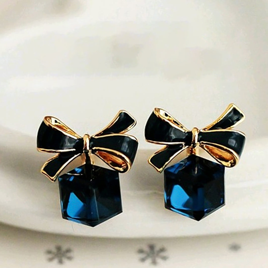 1 Pair Fashion Faux Crystal Bowknot Cube Ear Stud Earring Jewelry Accessory for Party Image 3