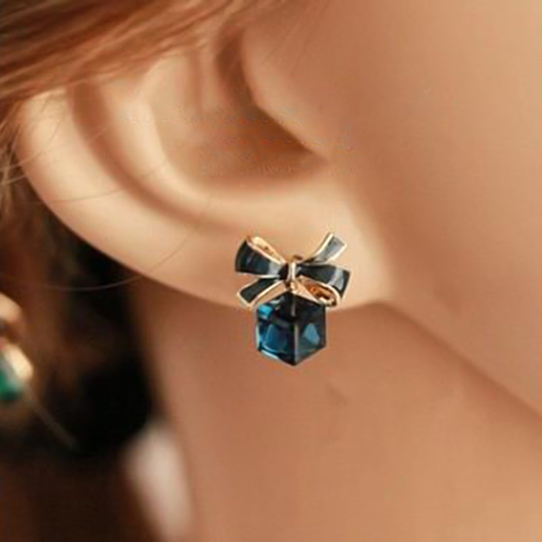 1 Pair Fashion Faux Crystal Bowknot Cube Ear Stud Earring Jewelry Accessory for Party Image 6