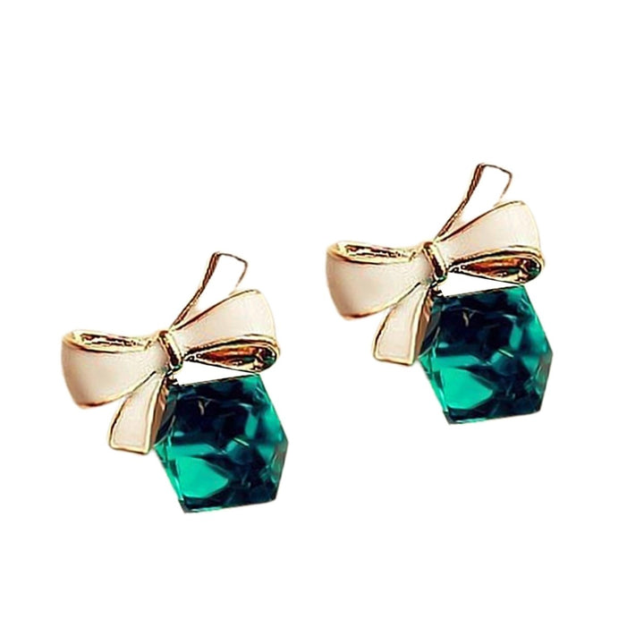 1 Pair Fashion Faux Crystal Bowknot Cube Ear Stud Earring Jewelry Accessory for Party Image 1