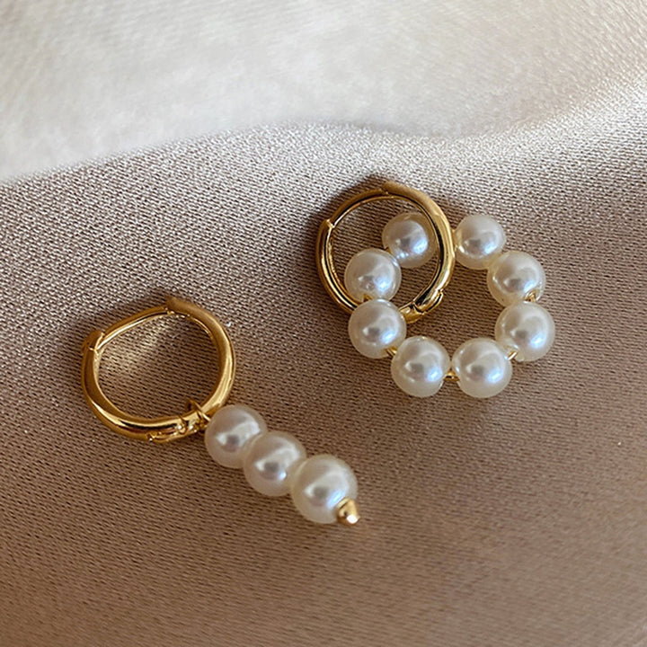 Hoop Earrings Double Circle Comfortable to Wear Golden Asymmetrical Faux Pearl Earrings for Daily Wear Image 2