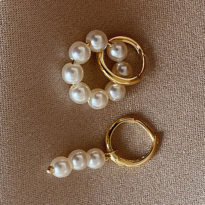 Hoop Earrings Double Circle Comfortable to Wear Golden Asymmetrical Faux Pearl Earrings for Daily Wear Image 3