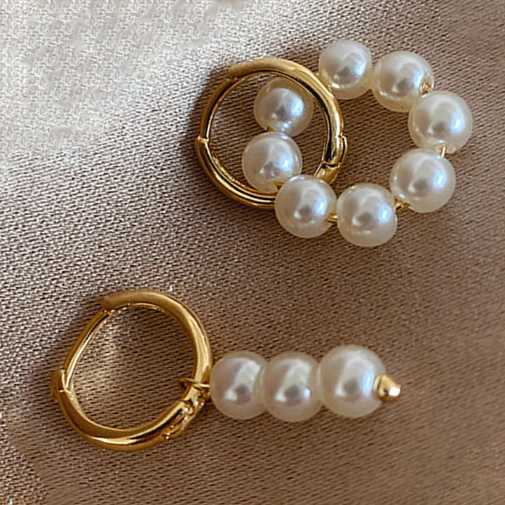 Hoop Earrings Double Circle Comfortable to Wear Golden Asymmetrical Faux Pearl Earrings for Daily Wear Image 6