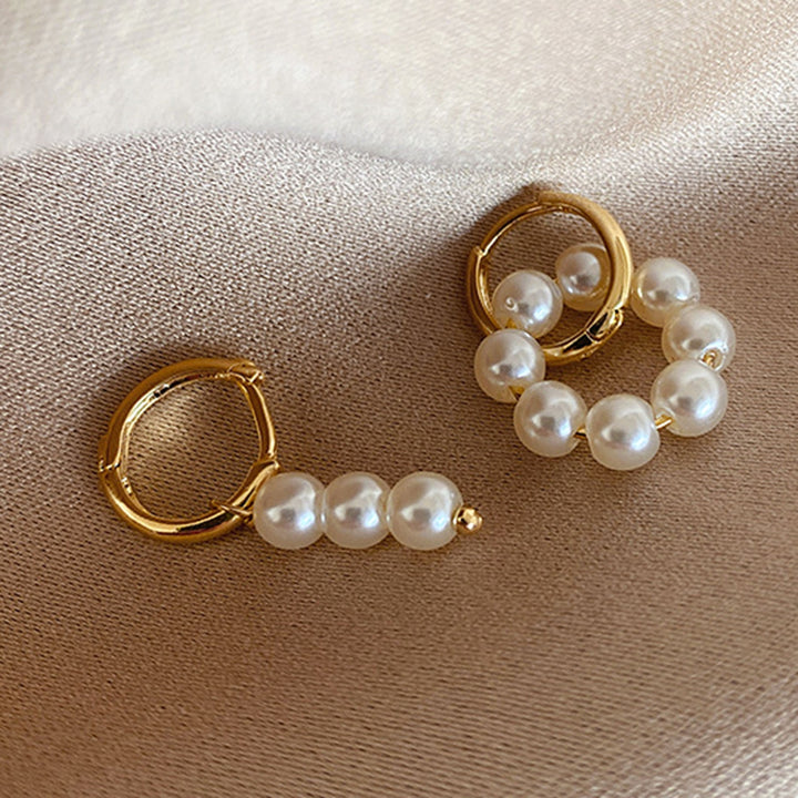 Hoop Earrings Double Circle Comfortable to Wear Golden Asymmetrical Faux Pearl Earrings for Daily Wear Image 8