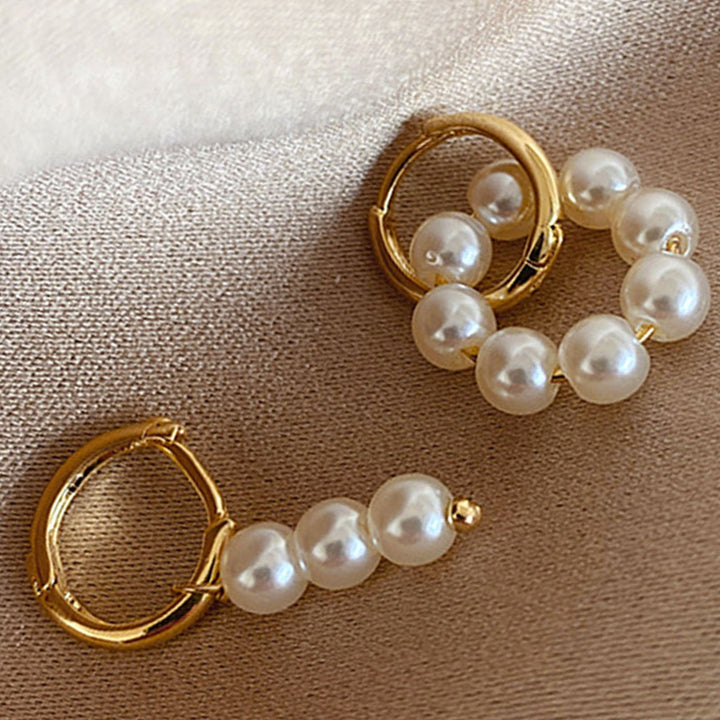 Hoop Earrings Double Circle Comfortable to Wear Golden Asymmetrical Faux Pearl Earrings for Daily Wear Image 10