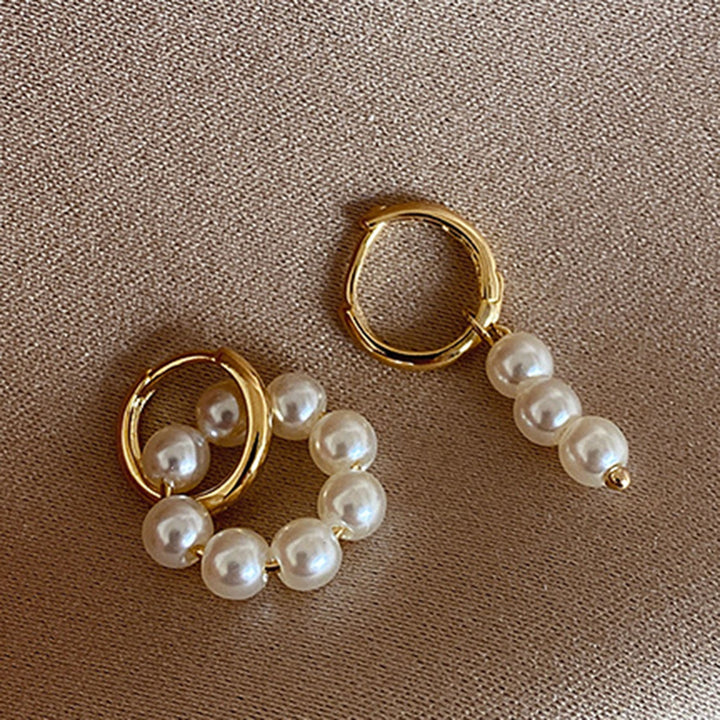 Hoop Earrings Double Circle Comfortable to Wear Golden Asymmetrical Faux Pearl Earrings for Daily Wear Image 11