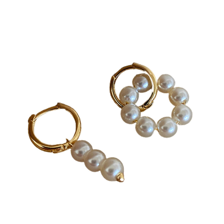 Hoop Earrings Double Circle Comfortable to Wear Golden Asymmetrical Faux Pearl Earrings for Daily Wear Image 12