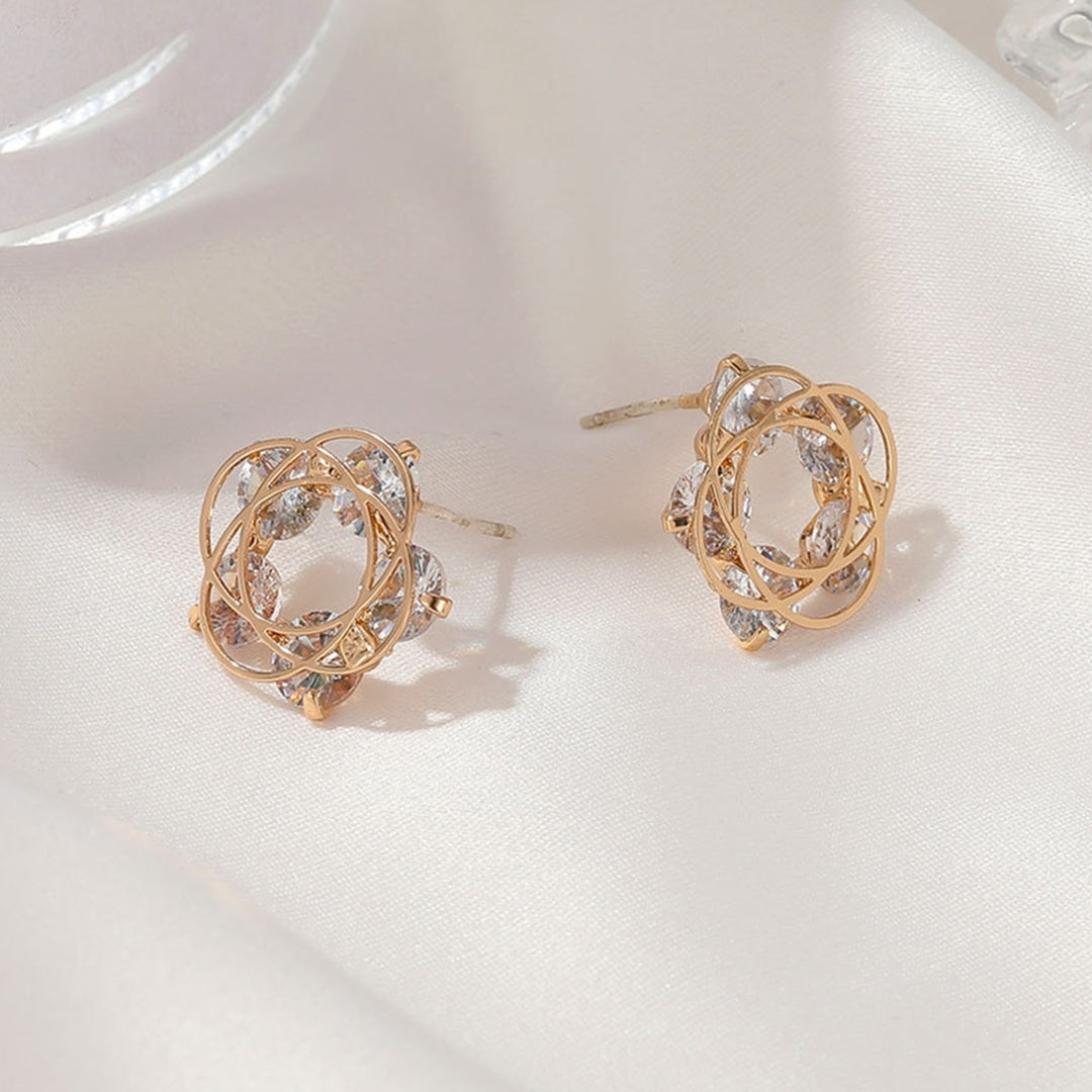 1 Pair Hollow Flower Ear Studs Durable Cross Inlaid Cubic Zirconia Women Ear Studs for Dating Image 4