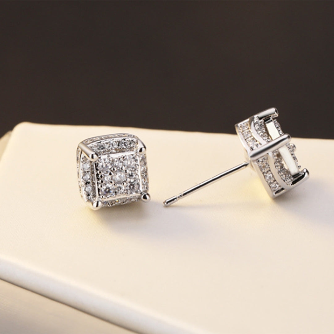 1 Pair Square Ear Studs Personality Exquisite Alloy Cubic Zirconia Inlaid Piercing Studs Earrings for Daily Life Image 12
