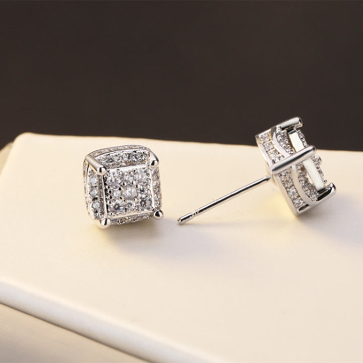 1 Pair Square Ear Studs Personality Exquisite Alloy Cubic Zirconia Inlaid Piercing Studs Earrings for Daily Life Image 12