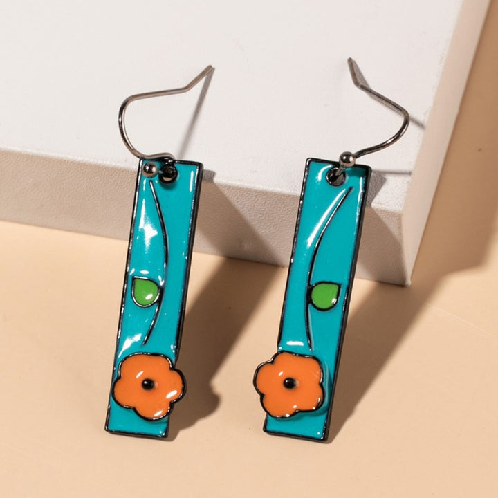 1 Pair Women Earrings Painted Flower Jewelry All Match Rectangle Long Hook Earrings for Dating Image 1
