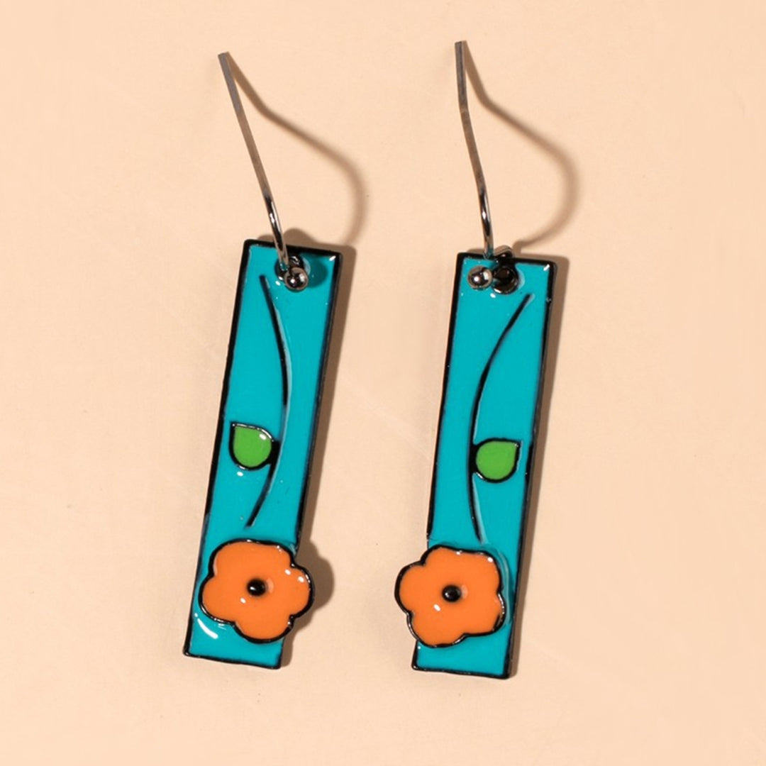 1 Pair Women Earrings Painted Flower Jewelry All Match Rectangle Long Hook Earrings for Dating Image 4